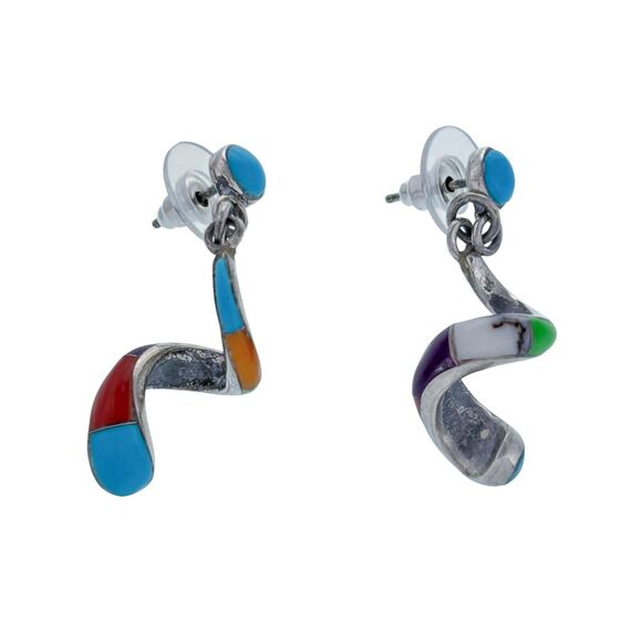 Vintage PJ Sterling Silver 925 Multi Stone Inlay Spiral Dangle Post Earrings - Picture 3 of 9